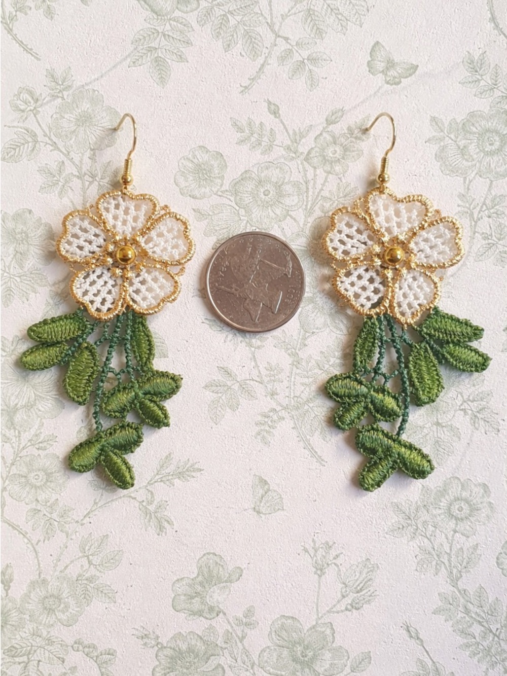 Gold-Trim White Floral Drop Earrings with Green Leaf Dangles - NWOT